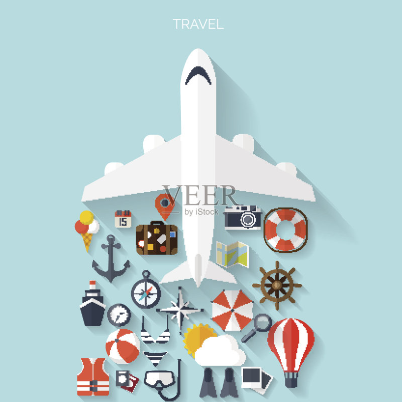 气球图标：世界旅行概念背景的扁平风格图标，旅游假期图标素材