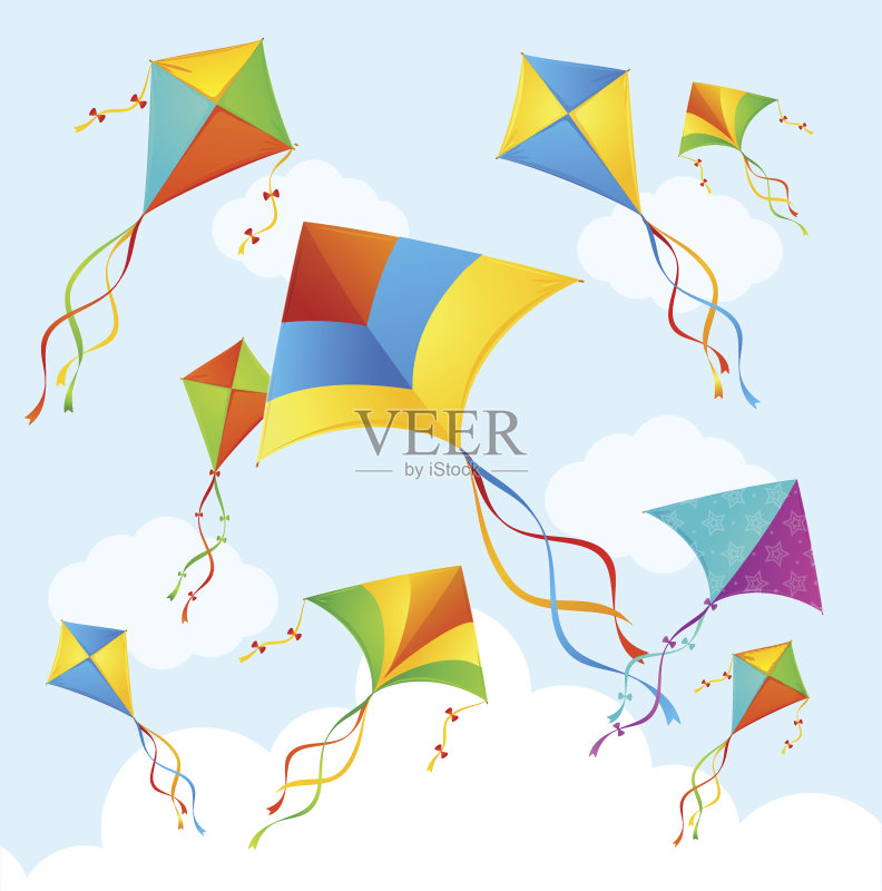 五彩缤纷的风筝背景。向量正版插画素材