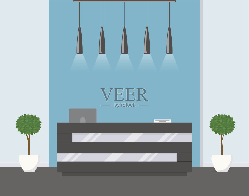 现代办公室的接待处。商务办公室、诊所或酒店内部以蓝色装饰，配有鲜花和前台。正版插画素材