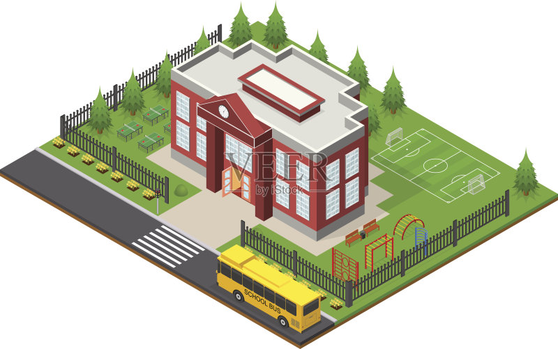 学校建筑等距视图。向量正版插画素材