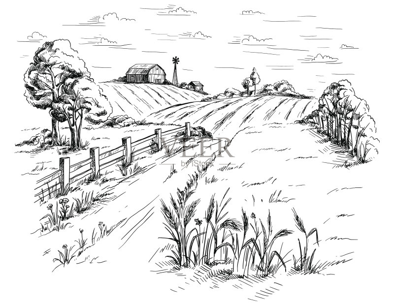 图形风格的乡村景观正版插画素材