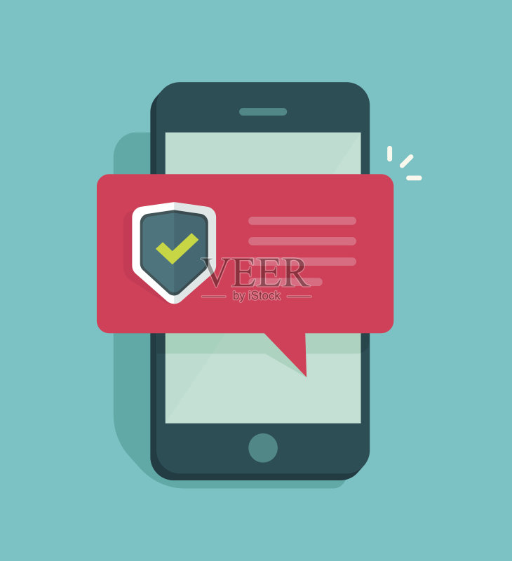 智能手机安全矢量插图，平板风格的手机与保护屏蔽检查标记正版插画素材