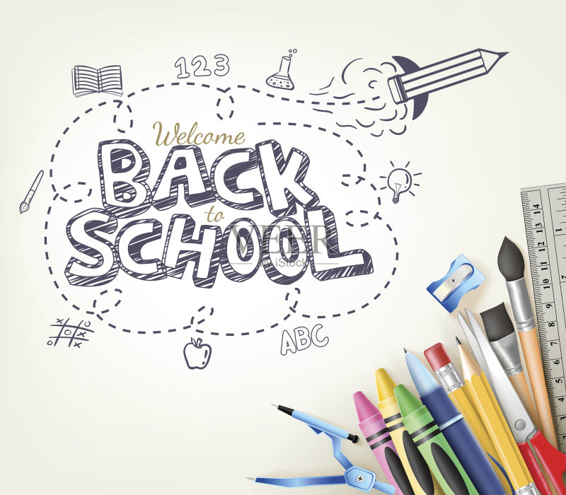 回到学校涂鸦的概念在白色的背景与项目正版插画素材
