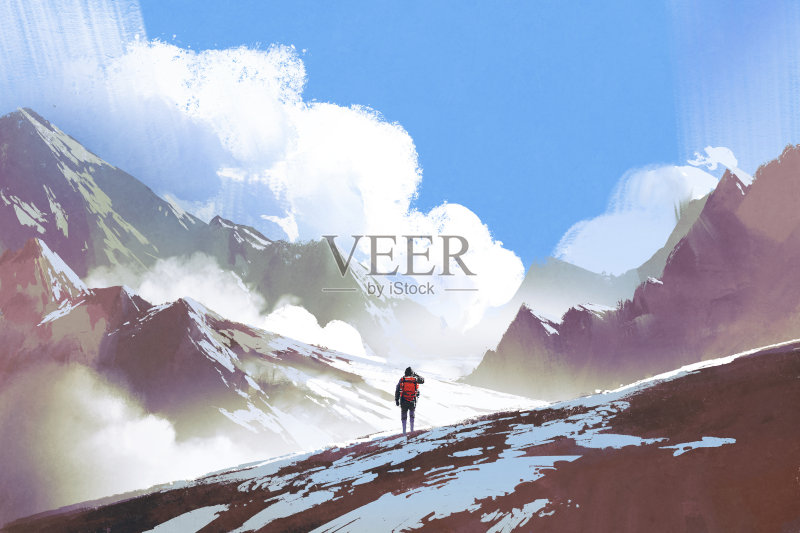 背包看山的徒步旅行者正版插画素材