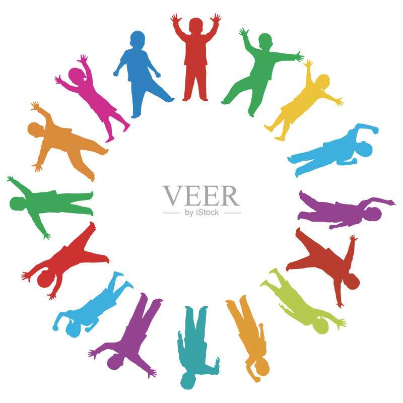 彩色的孩子们在圆圈里剪影正版插画素材