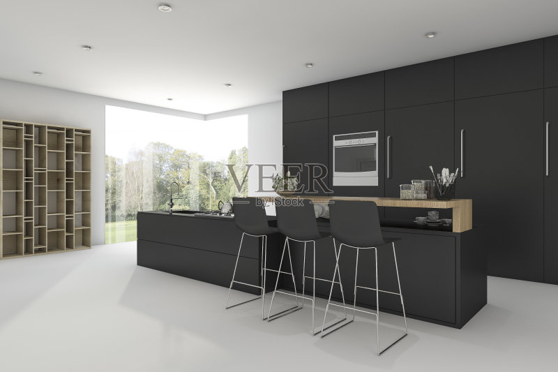 3D渲染：带窗户的黑色厨房正版图片素材