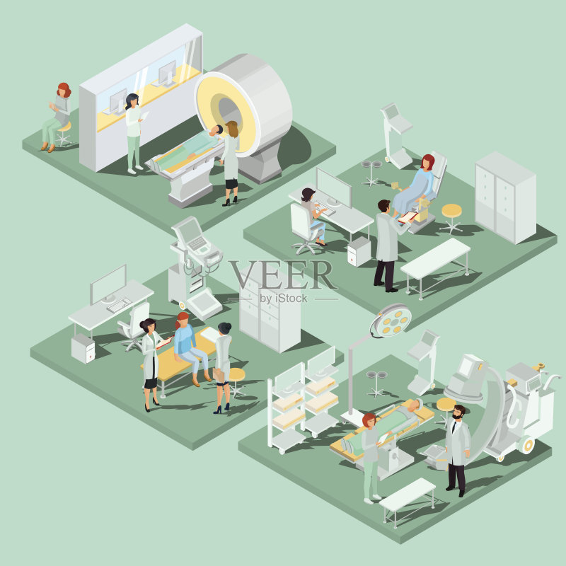 医务室内配备适当设备的医疗房地三维平面等距图套正版插画素材