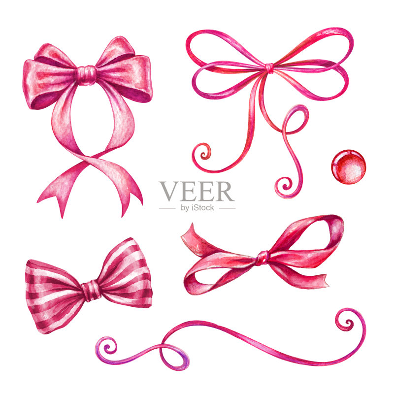 水彩节日丝带和蝴蝶结插图，节日彩旗剪辑艺术，生日派对设计元素设置，孤立在白色的背景正版元素素材