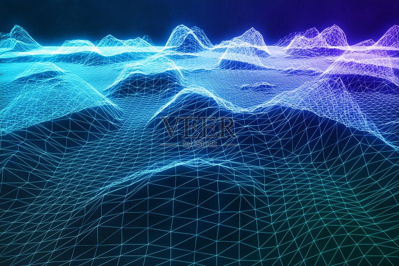 3D插图抽象数字线框景观。网格网络空间景观。3 d技术。摘要互联网连接在云计算，通信网络的蓝色景观正版图片素材