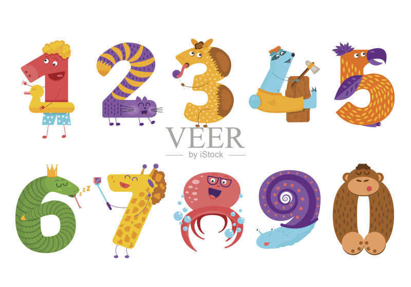 一套卡通动物数字在平面风格的设计。集合啊正版元素素材