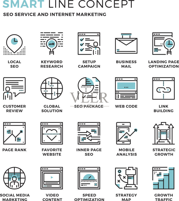 SEO和互联网的Smartline图标概念图标素材