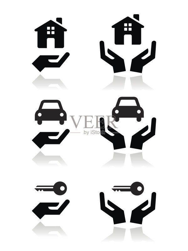 家、汽车、带手图标的钥匙套装图标素材