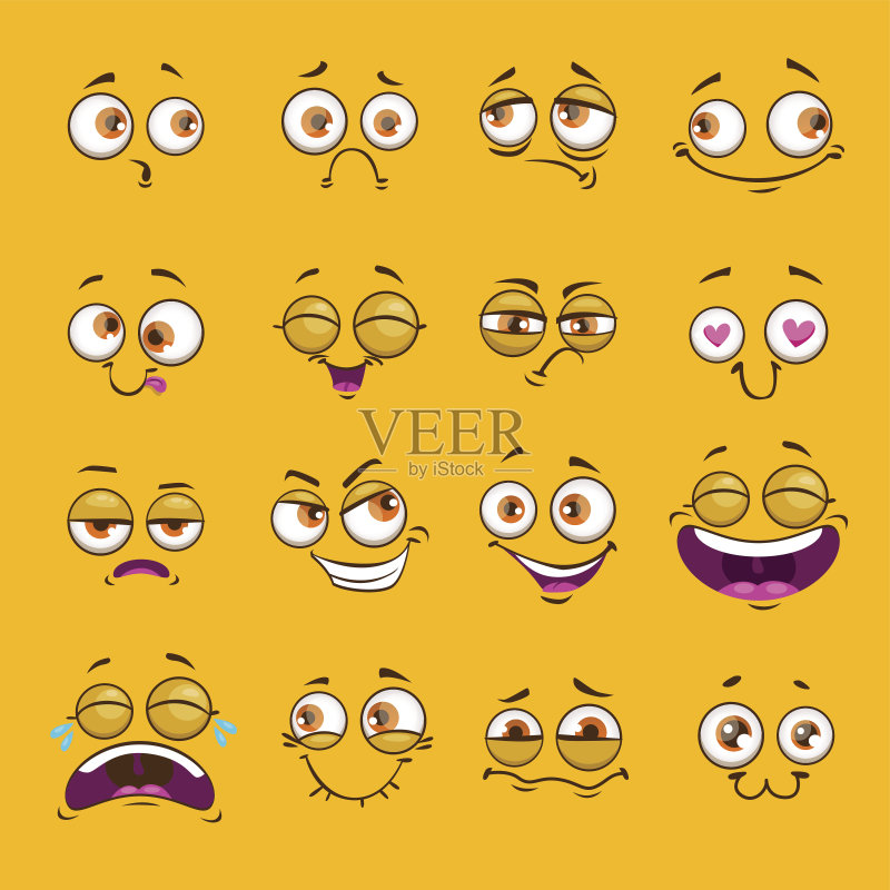 黄色背景上滑稽的卡通面孔正版插画素材