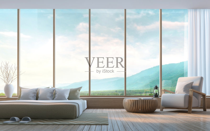 现代卧室与山景3d渲染图像正版图片素材