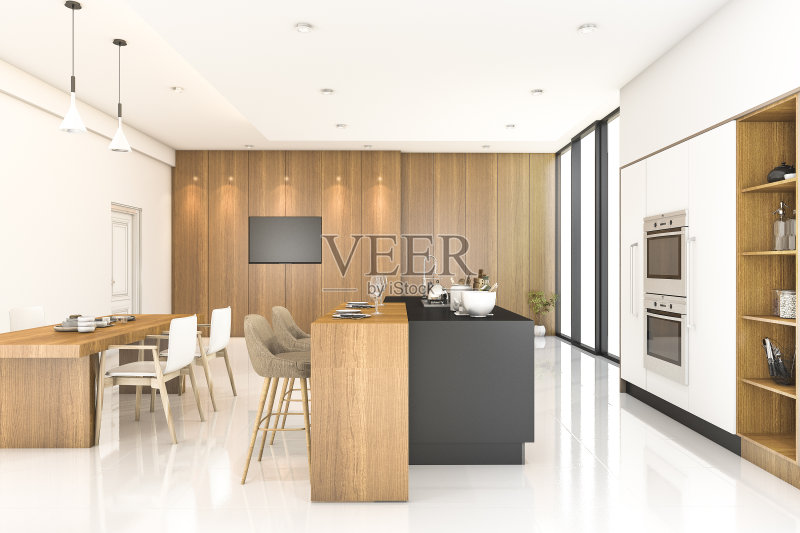3D渲染：木制厨房和餐厅正版图片素材