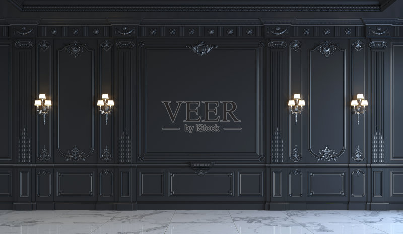 黑色墙板的古典风格与银色。三维渲染正版图片素材