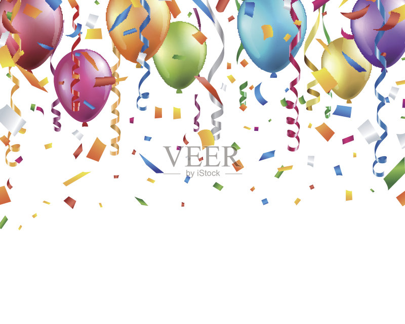 白色背景上五颜六色的气球、五彩纸屑和彩带正版插画素材