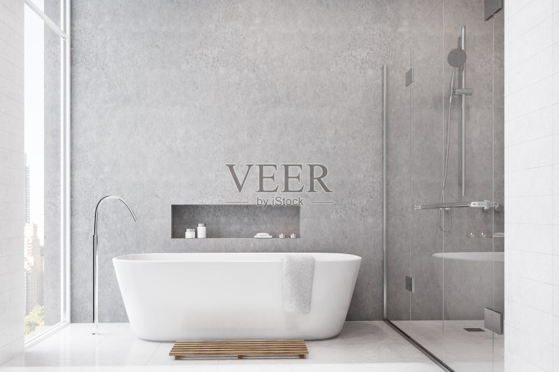 灰色的浴室，白色瓷砖，淋浴间正版图片素材