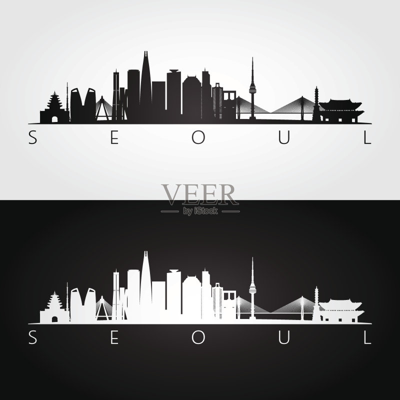 首尔的天际线和地标剪影，黑白设计，矢量插图。正版插画素材
