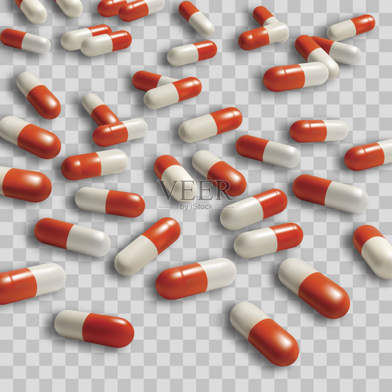 红色和白色药丸胶囊孤立在透明的背景。矢量插图。模板为业务正版插画素材