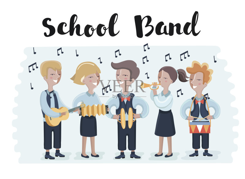 一群学生在学校管弦乐队演奏正版插画素材