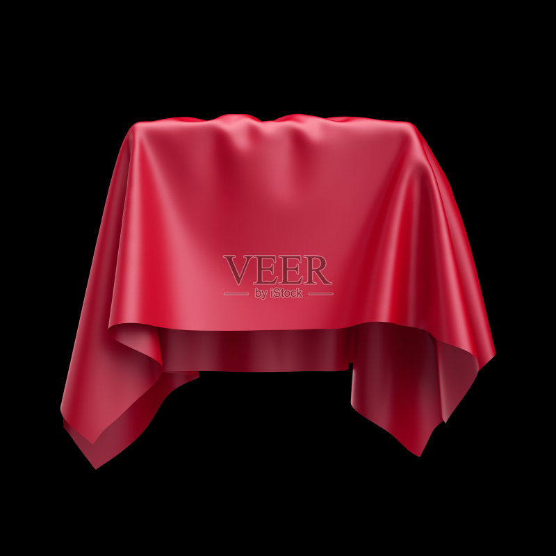 3d渲染，数字插图，抽象桌布，飞行，下降，翱翔的织物，揭开帷幕，红色丝绸窗帘，角落，纺织品覆盖，孤立在黑色背景正版图片素材