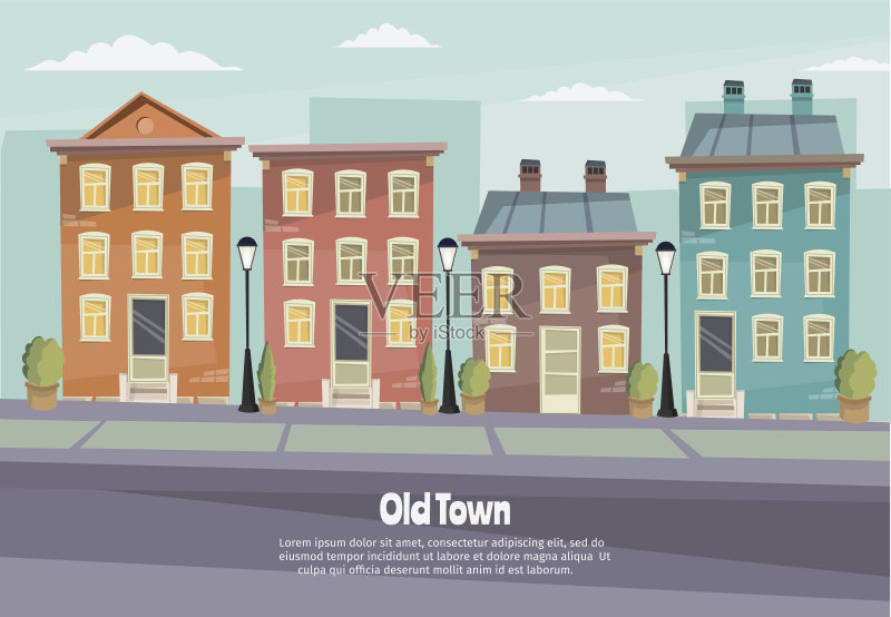 矢量卡通复古插图城市房屋外立面景观。正版插画素材