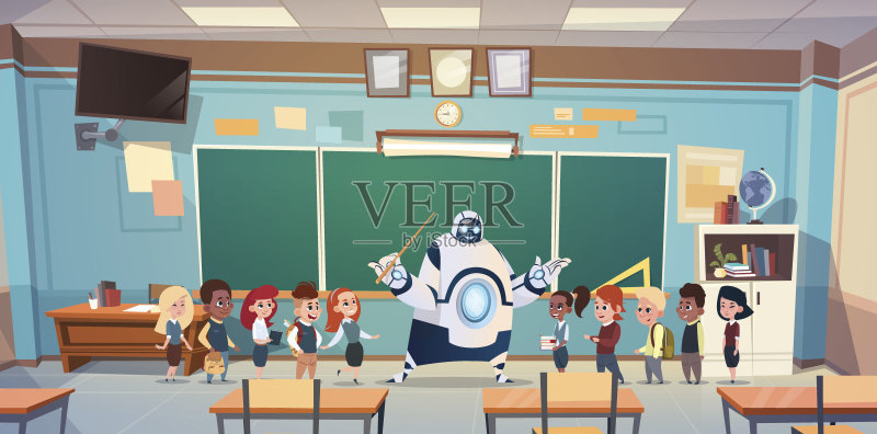 学校的孩子们在教室里与机器人老师在绿色板正版插画素材