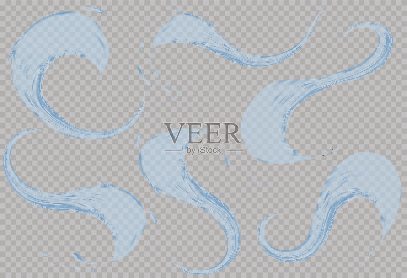 一套透明的水飞溅，浅蓝色的水滴，孤立在透明的背景。透明只在矢量文件。使用渐变网格创建正版元素素材