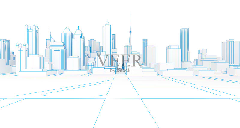 低多边形线框白色城市3d渲染正版图片素材