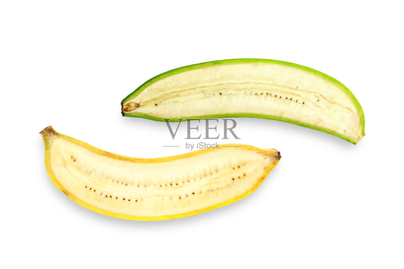 俯视图的一半香蕉在白色的背景。正版图片素材