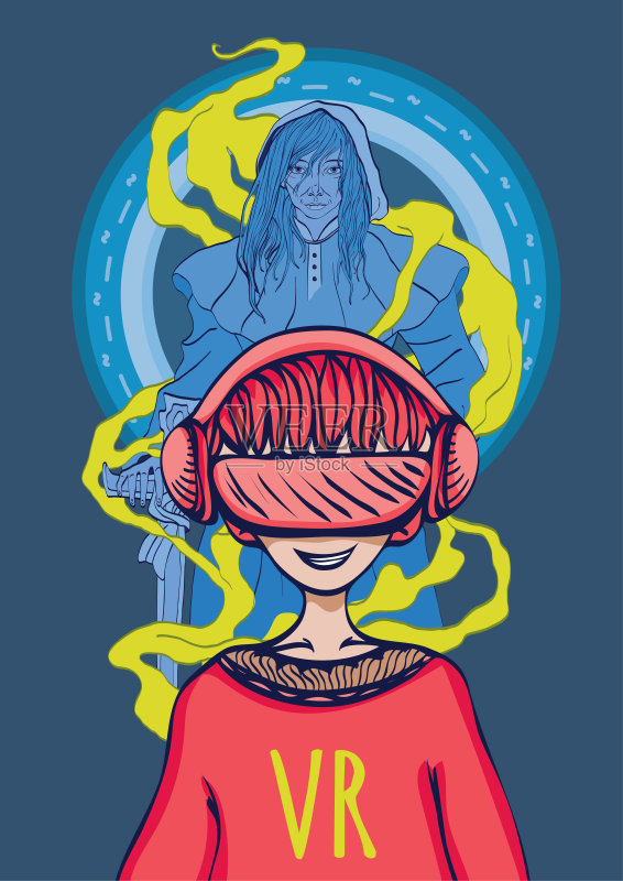 虚拟现实中的游戏。戴着虚拟现实眼镜的男孩和玩家的化身是一个拿着剑的战士。向量概念说明。正版插画素材