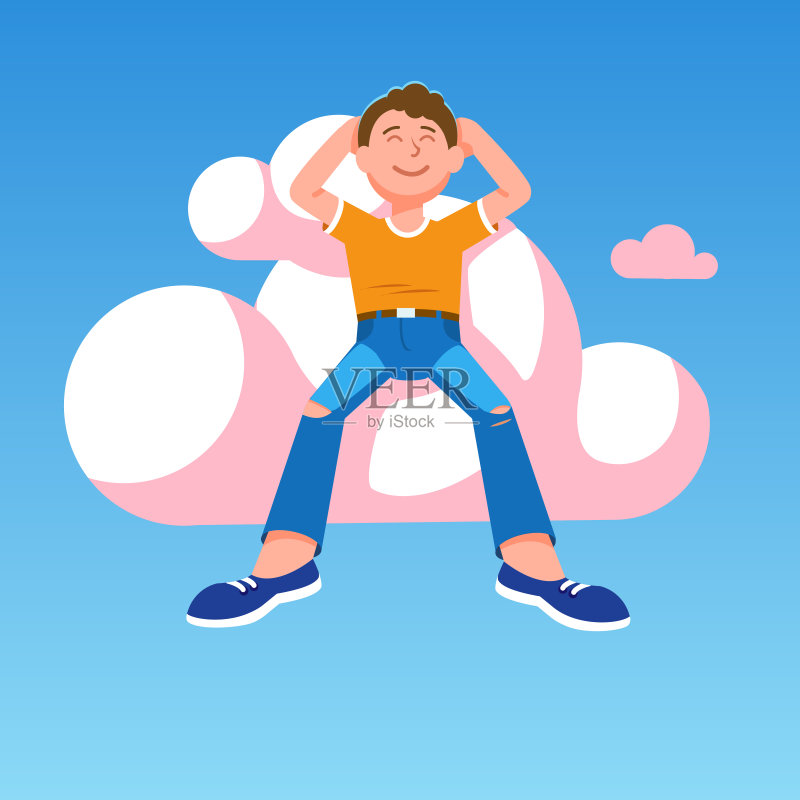梦想中的青年学生坐在粉红色的云朵上正版插画素材