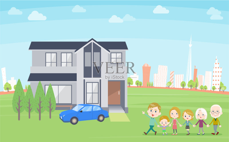 family 3 generations house White_tour在城市正版插画素材