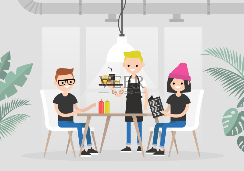 餐馆的游客。午餐时间。一起吃。两个年轻的角色被一个餐厅的服务员服务/平面可编辑矢量插图，剪辑艺术正版插画素材