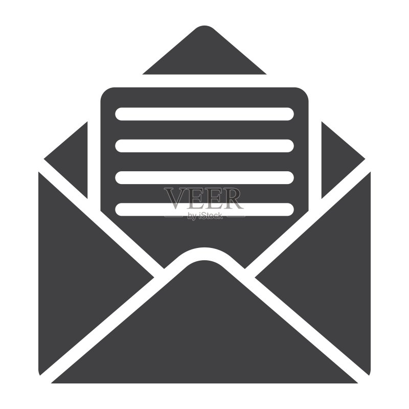 开启邮件字形图标，网页和移动设备，开启信件符号矢量图形，白色背景上的实体图案，eps 10。图标素材