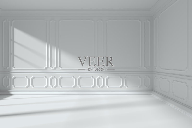 白色房间，墙壁上有经典风格的造型框架正版图片素材