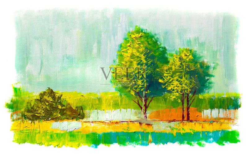 油画彩色的树。正版插画素材