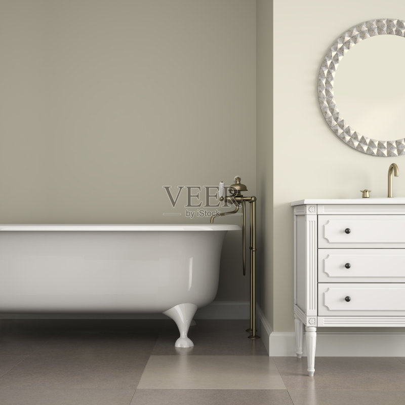 经典浴室内饰，圆镜和橱柜3D渲染正版图片素材