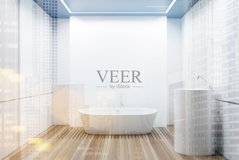 白色瓷砖浴室，白色浴缸正版图片素材