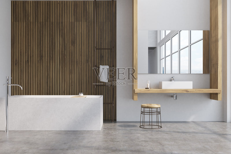 灰色木制浴室，浴缸正版图片素材