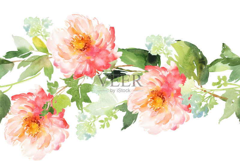 无缝夏季图案与水彩花手工制作正版插画素材
