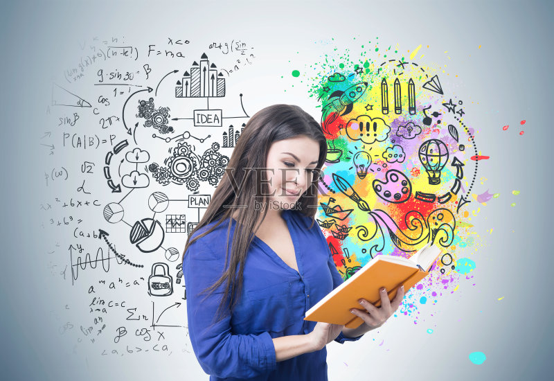 穿蓝衣服的女人，读书，动脑正版图片素材