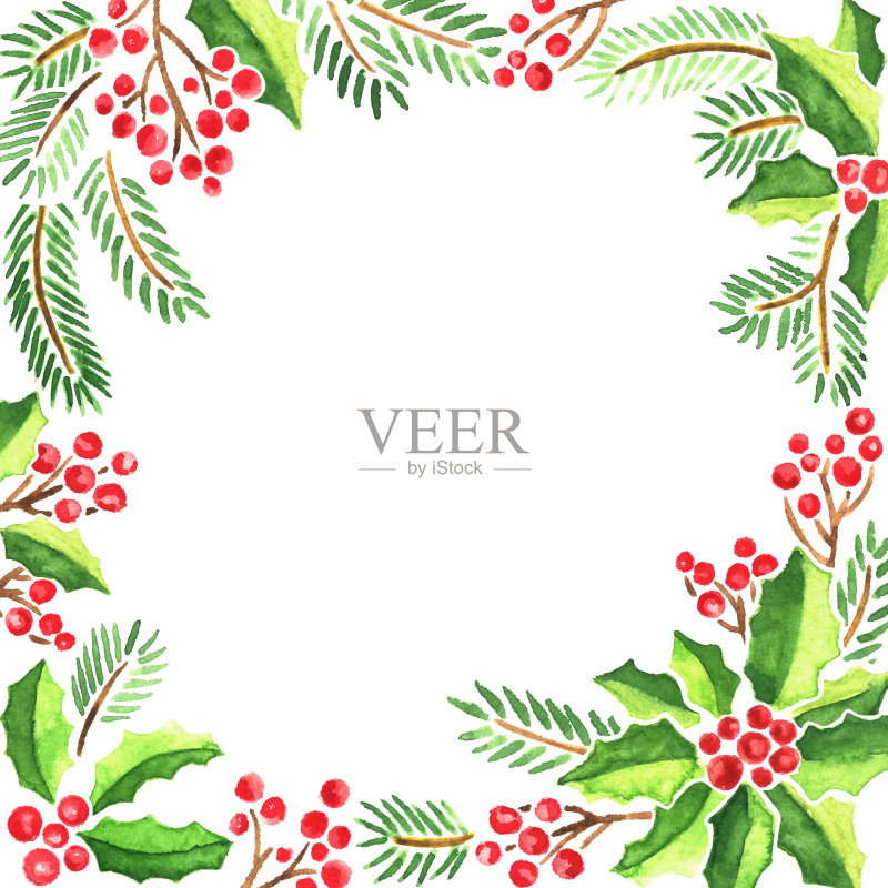 水彩圣诞贺卡：常绿植物、槲寄生、冷杉树枝和带红浆果的冬青正版插画素材