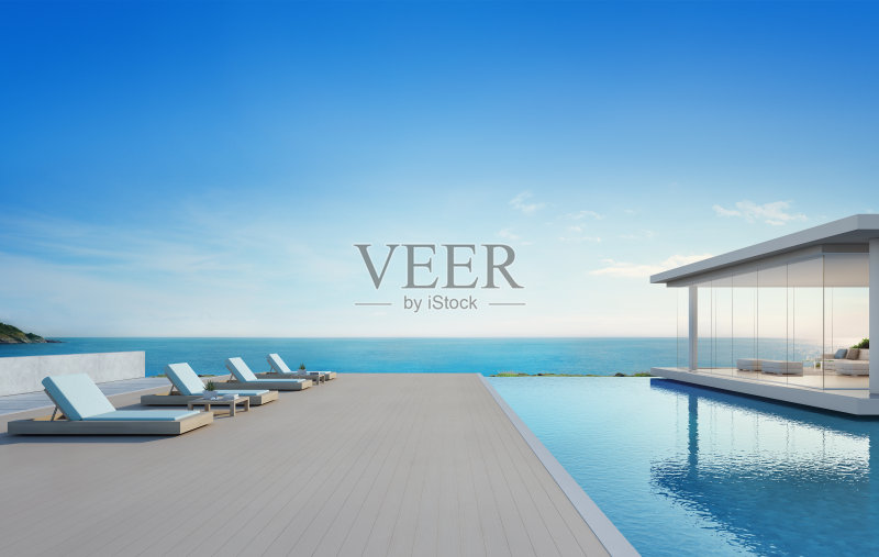 现代设计的豪华海滨别墅海景游泳池和露台，度假别墅或酒店木地板甲板上的躺椅-现代度假别墅外观的3d插图正版插画素材