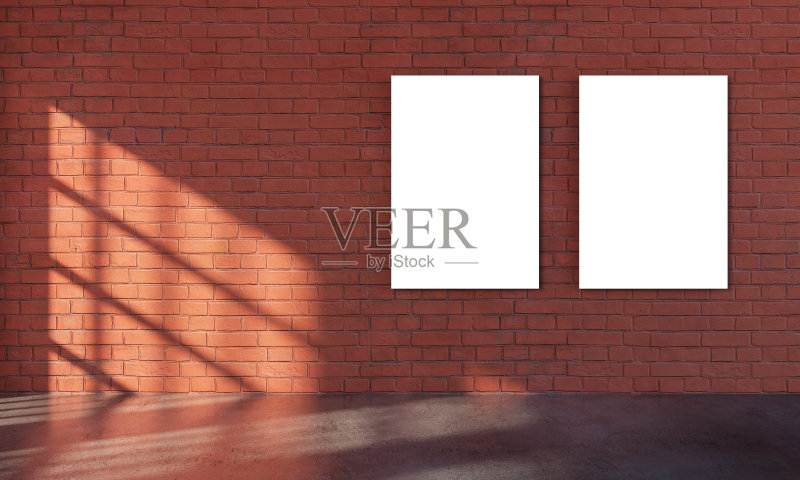 肮脏的室内与两个白色海报模板的展示。正版插画素材