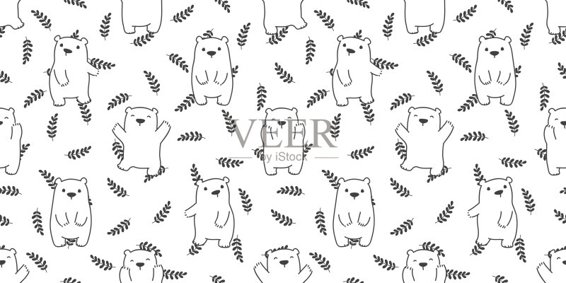 熊泰迪北极熊树叶涂鸦矢量无缝图案墙纸背景正版插画素材