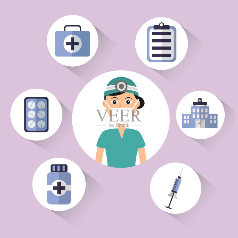 女医生外科医生面罩瓶盖药夹板急救箱正版插画素材