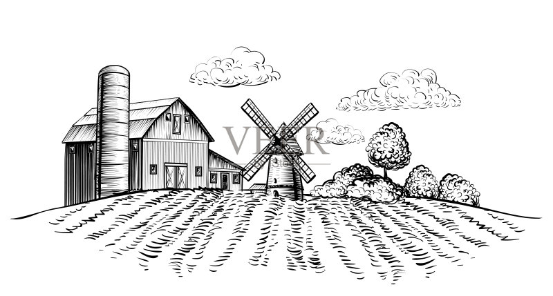 农场谷仓和风车在农业领域的背景树，农村景观手绘素描风格的水平插图正版元素素材
