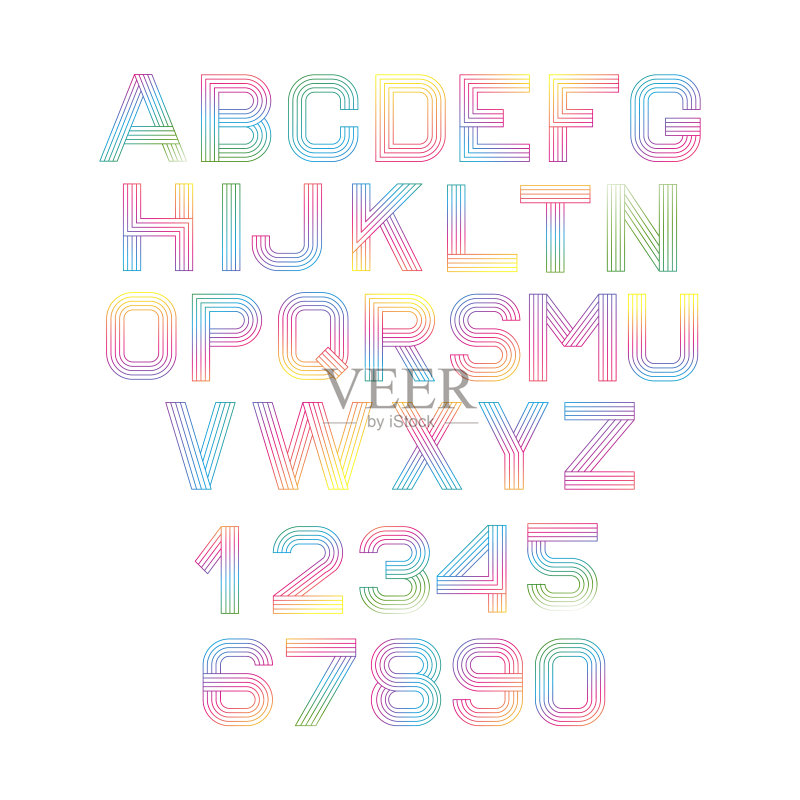 向量线性字体。字母五彩线。简单和极简的字母在单线风格。数字字母。正版插画素材